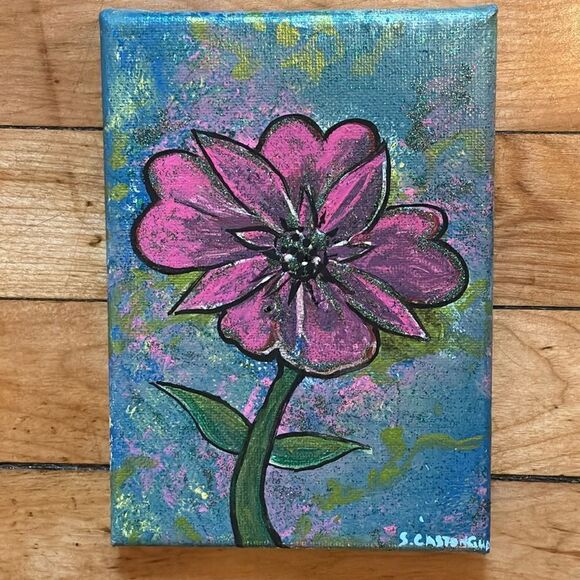 Original Acrylic Painting with Glitter 5x7 Pink Floral Artwork with Green - Picture 1 of 8